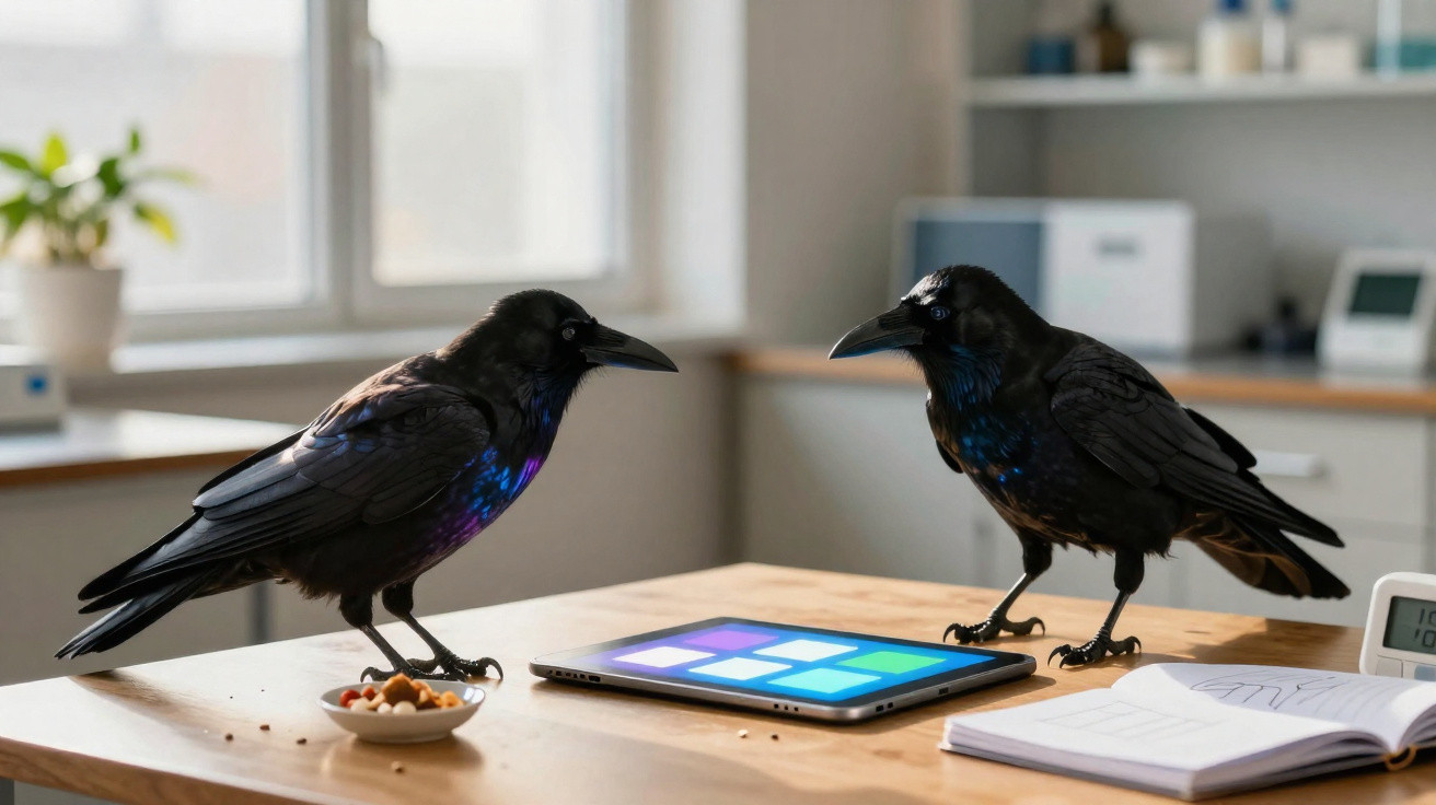 Dois corvos pretos em uma mesa de madeira, com um tablet, um caderno e uma tigela pequena de comida.