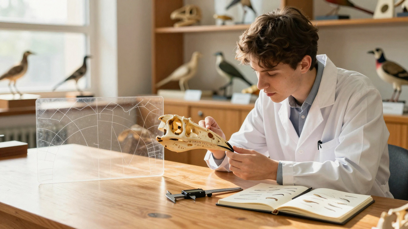 Jovem cientista em jaleco branco examina crânio de pássaro em sala de aula com livros e modelos de aves ao fundo.