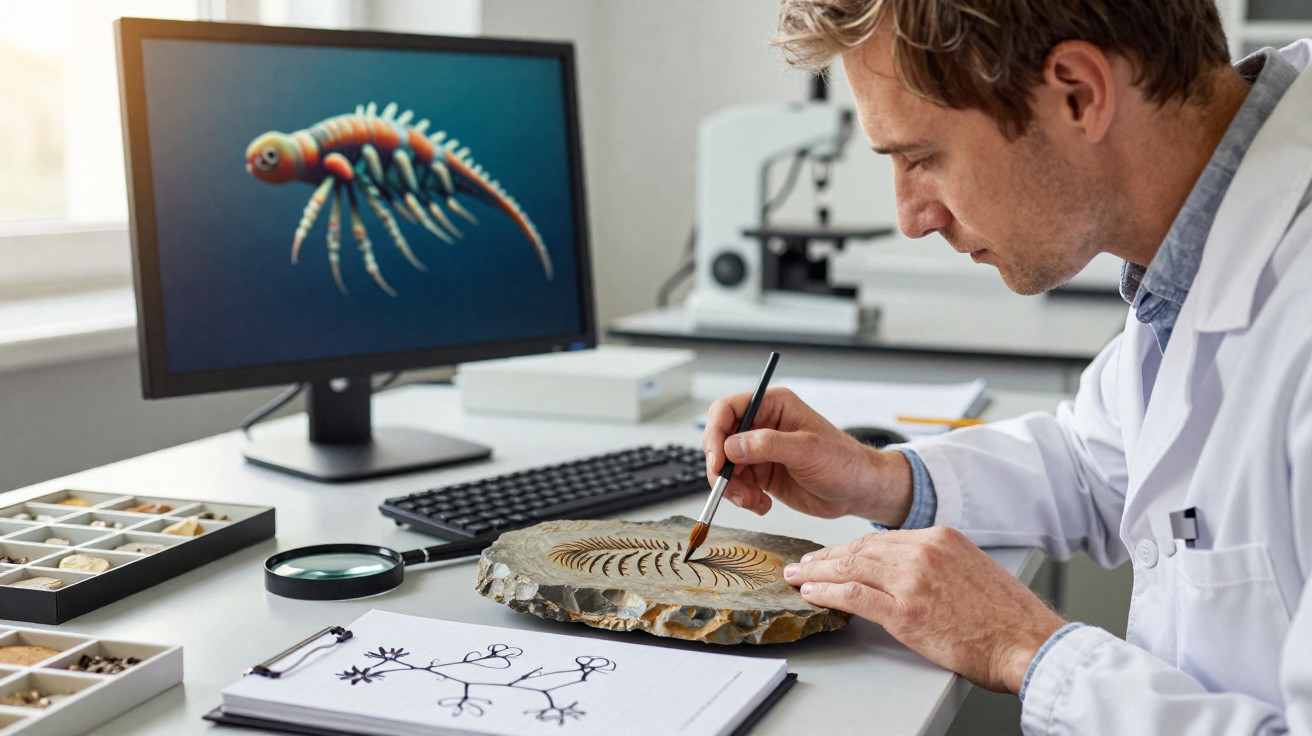 Cientista analisando e pintando fóssil em laboratório com imagem 3D de criatura pré-histórica no computador.