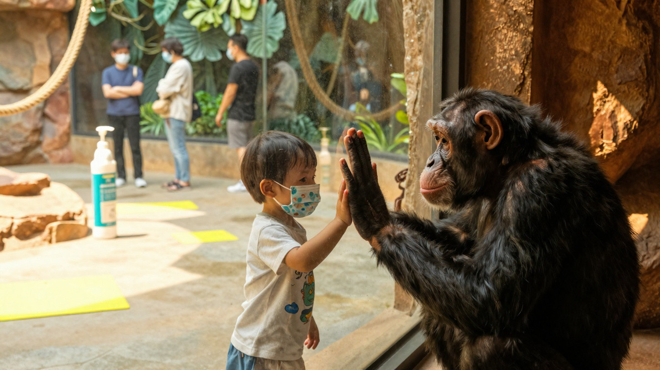 Criança com máscara encostando a mão no vidro para tocar a mão de um chimpanzé em zoológico.