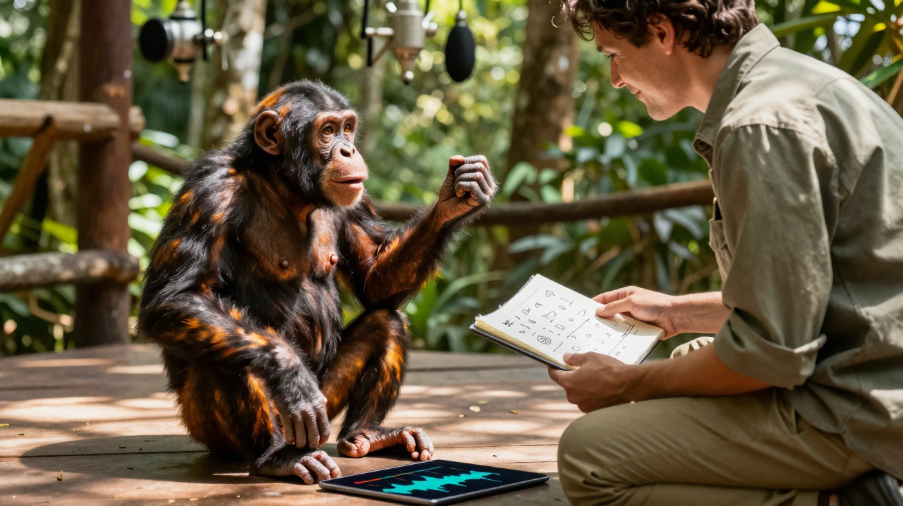 Pessoa interagindo com chimpanzé que observa uma prancheta e um tablet em área ao ar livre.
