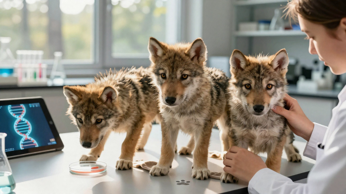 Três filhotes de lobo sobre mesa de laboratório com pesquisadora ao lado e tela mostrando cadeia de DNA.