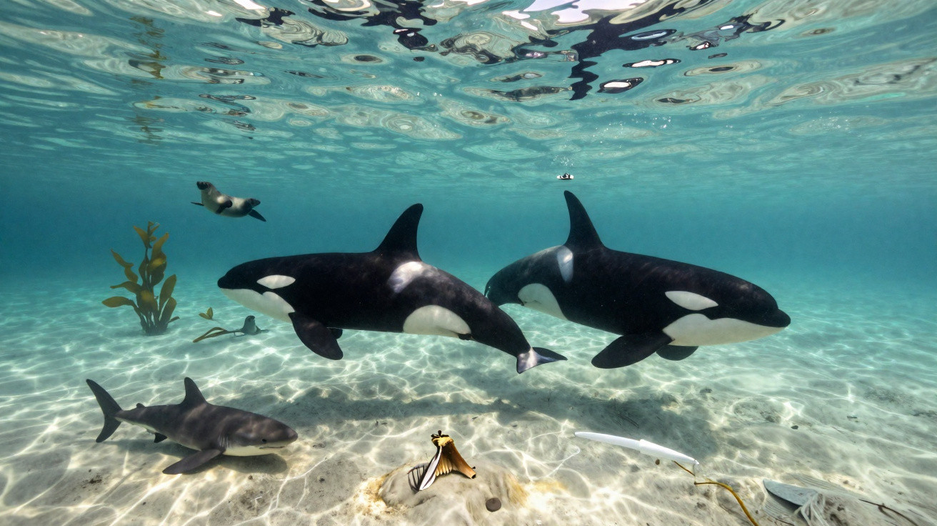 Orcas, tubarão e peixe nadando em águas rasas com fundo de areia iluminado pelo sol.