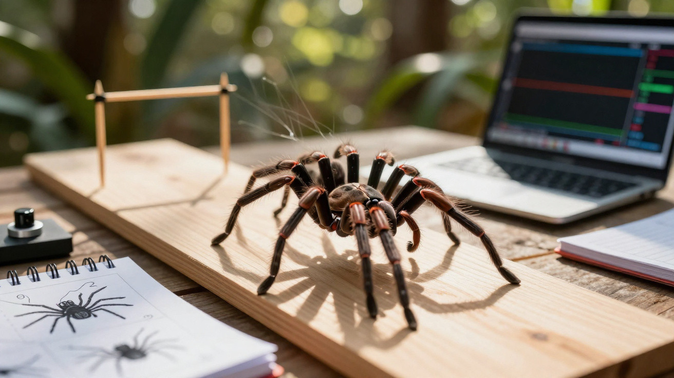 Aranha robótica sobre mesa de madeira com laptop, cadernos e desenhos de aranha ao lado.