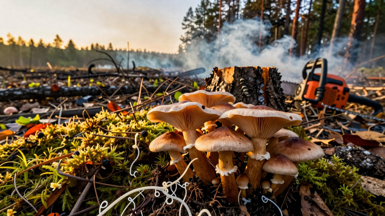Cogumelos crescem perto de toco queimado e motosserra em floresta desmatada ao entardecer.