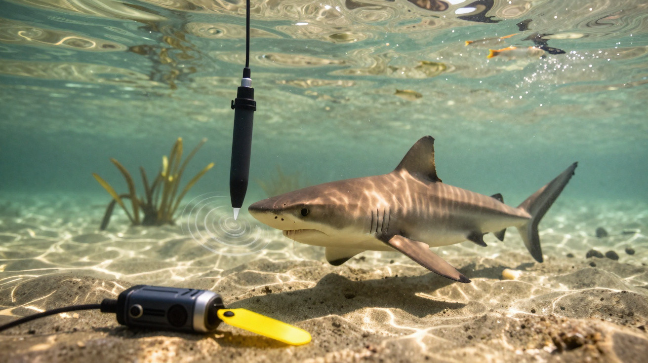 Tubarão nadando próximo a sensor subaquático no fundo do mar com areia e plantas marinhas.