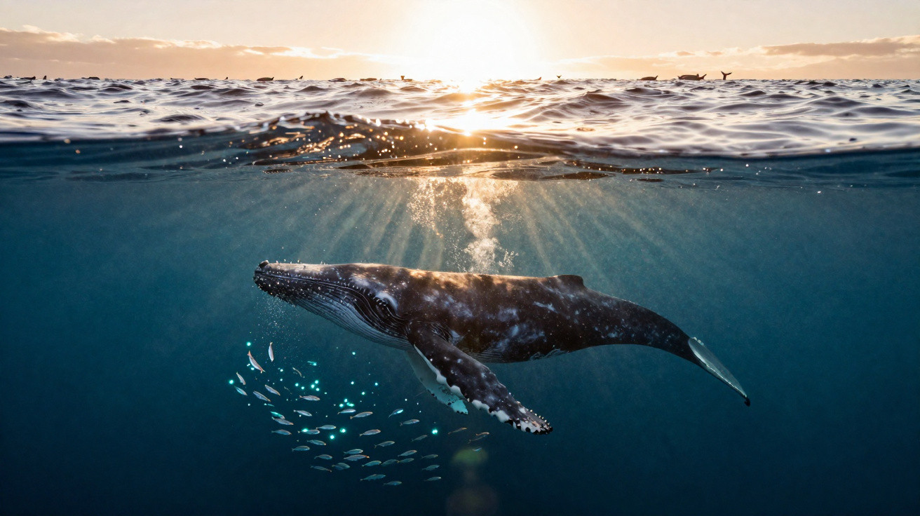 Baleia nadando acompanhada por cardume de peixes em mar calmo com luz do sol refletindo na água.