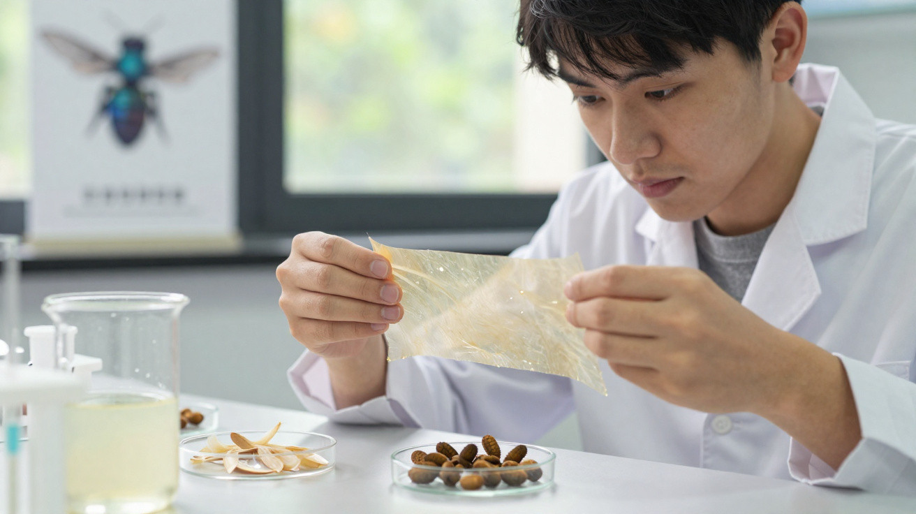 Jovem cientista analisa material transparente enquanto realiza experimento em laboratório com amostras naturais.