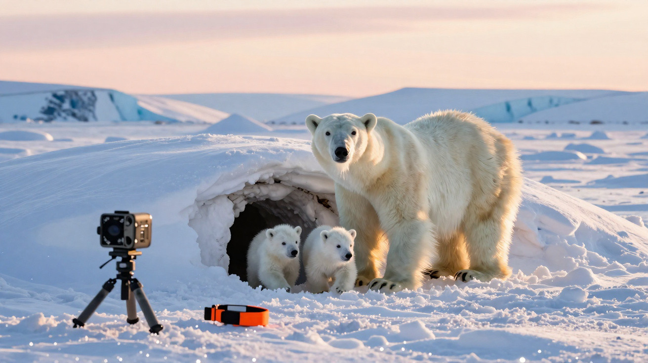Ursa polar com dois filhotes saindo de toca na neve, com câmera em tripé capturando a cena.