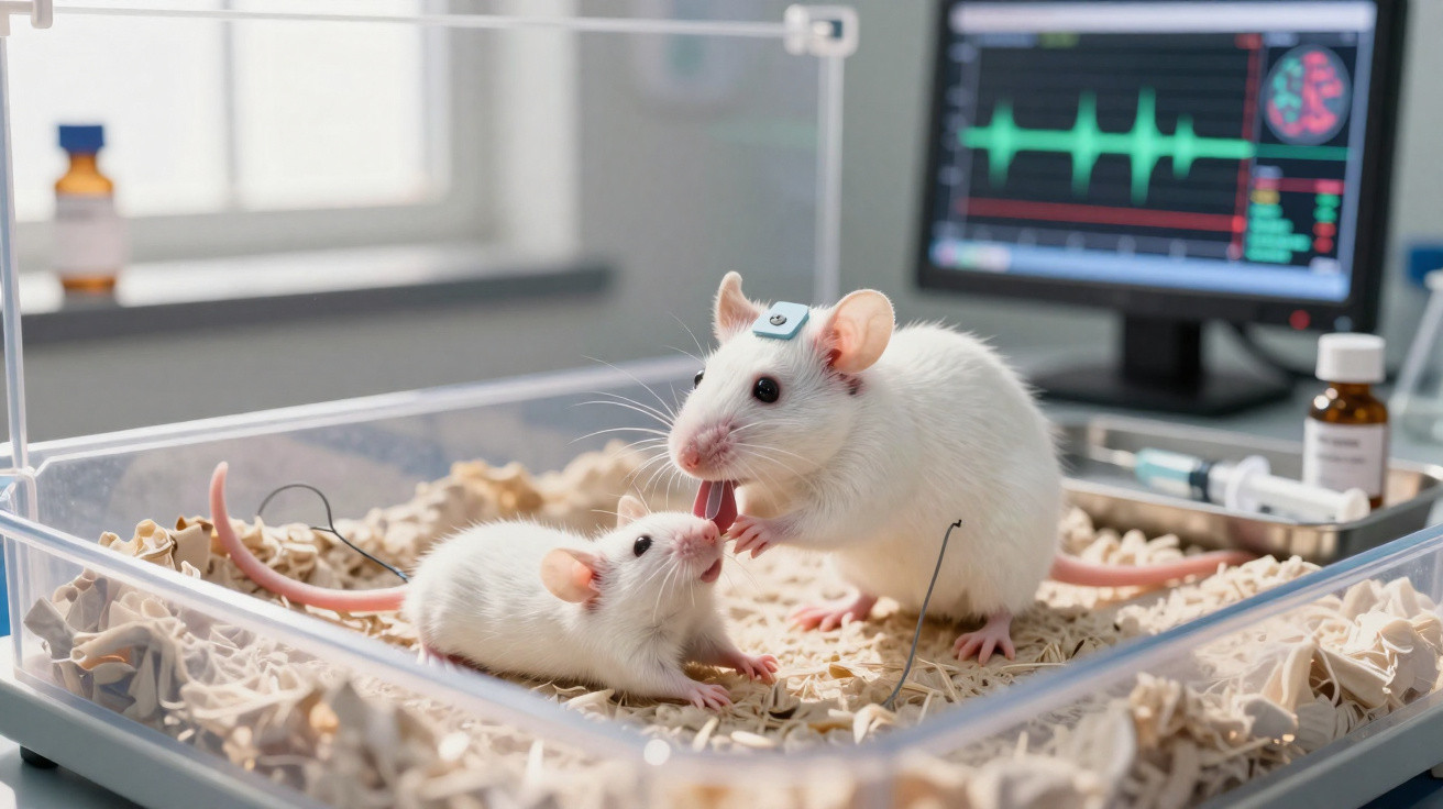 Dois ratos brancos em gaiola de laboratório com monitor cardíaco ao fundo, um passa a língua no outro.