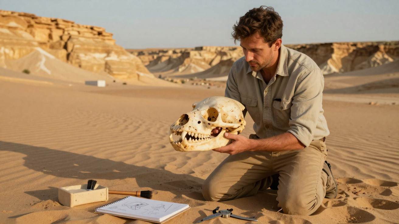 Homem em traje explorador examina crânio de animal grande no deserto com caderno de desenhos ao lado.