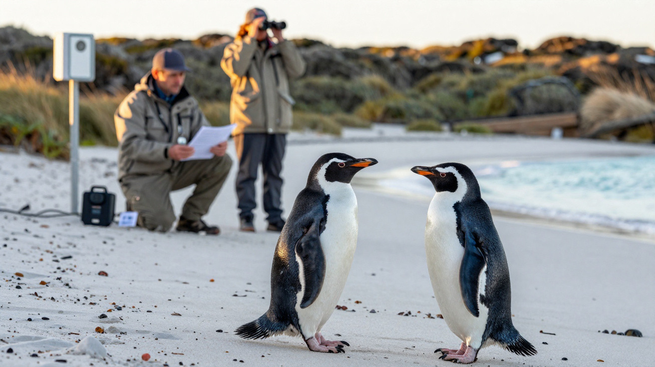 Dois pinguins na praia com dois pesquisadores ao fundo observando e anotando dados.