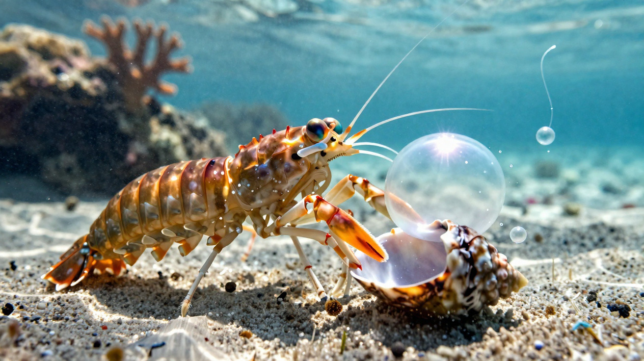 Camarão mantis em fundo marinho próximo a concha e bolhas de ar sobre areia oceânica.