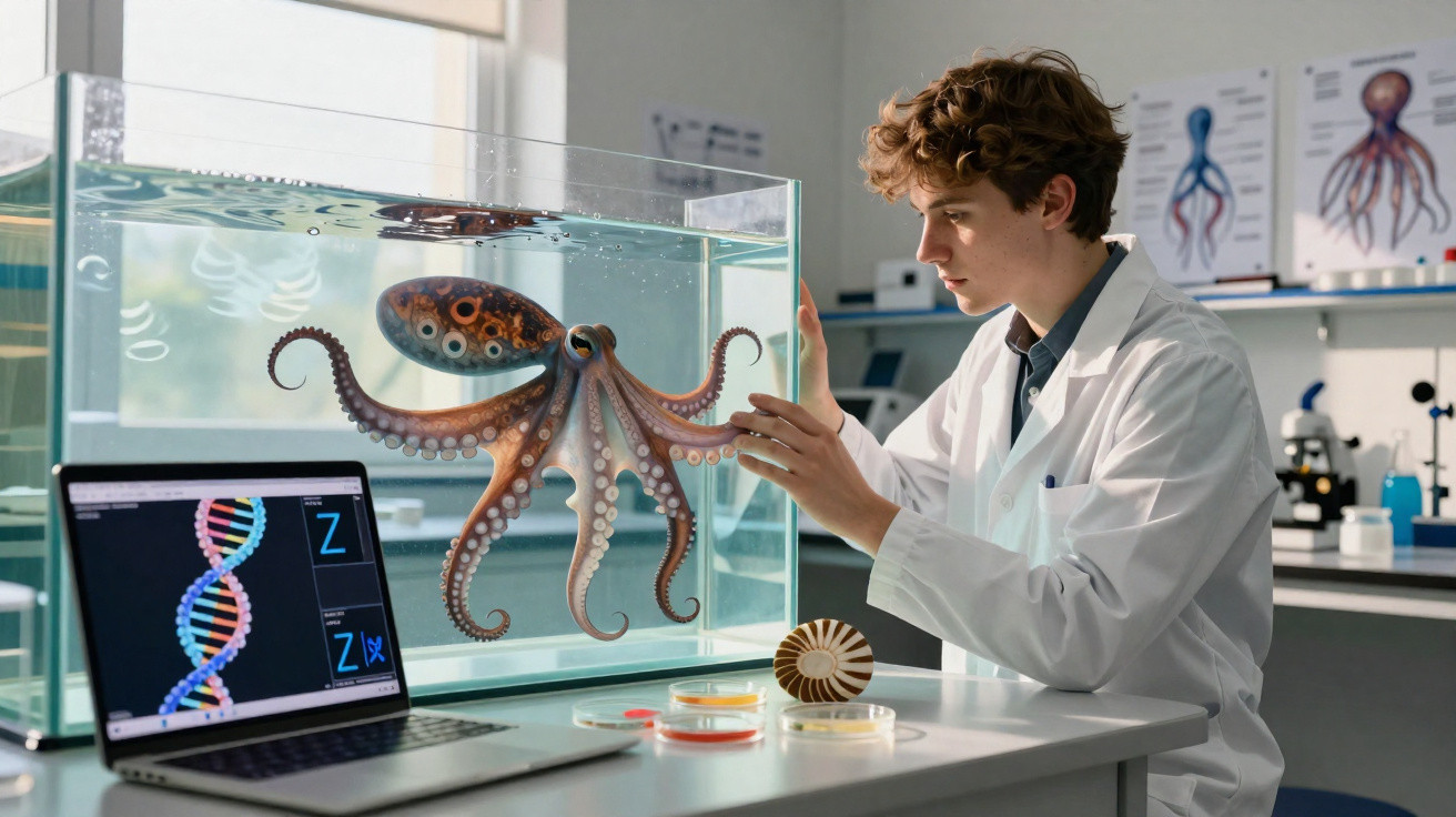 Cientista jovem observa polvo em aquário enquanto pesquisa DNA em laboratório moderno.