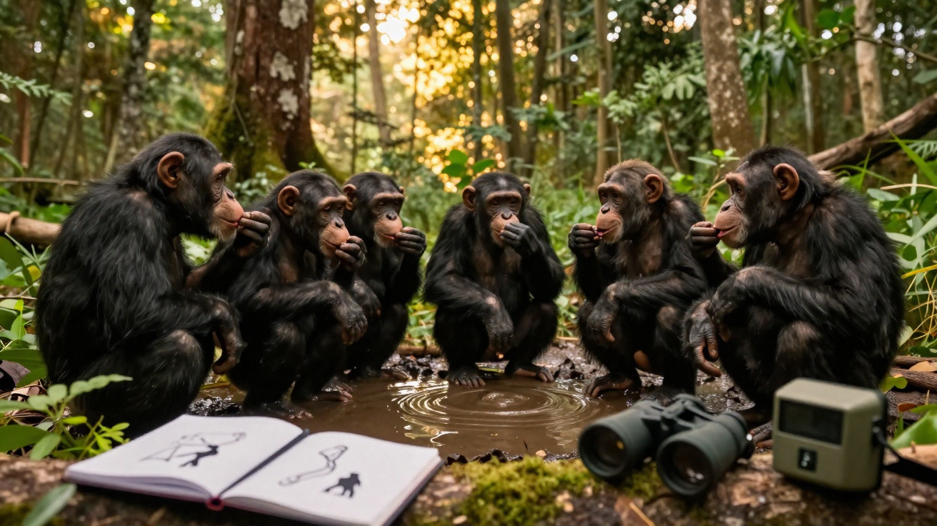 Seis chimpanzés sentados em círculo na floresta, imitando um gesto com as mãos perto da boca.