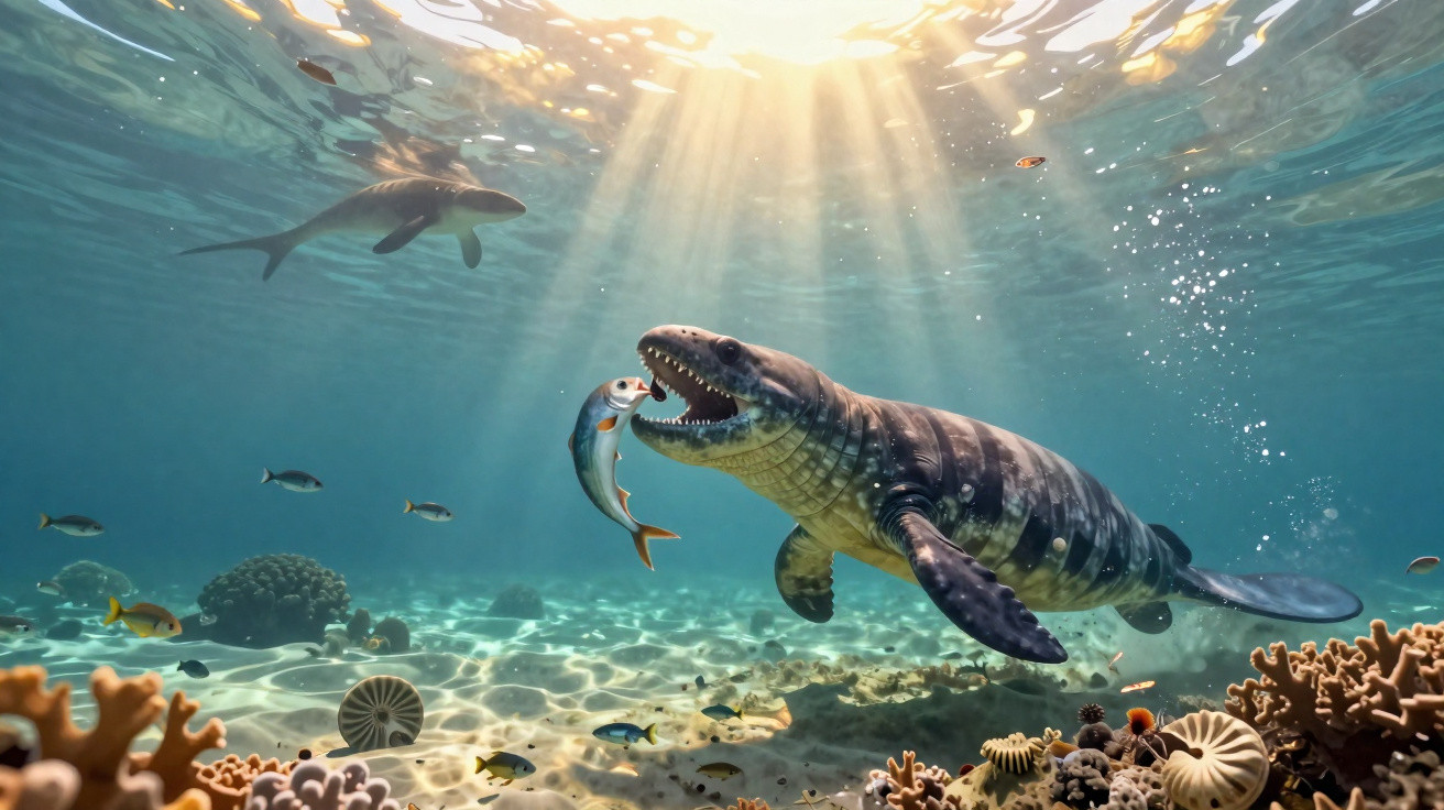 Animal marinho pré-histórico nadando e capturando peixe em ambiente marinho iluminado pelo sol.