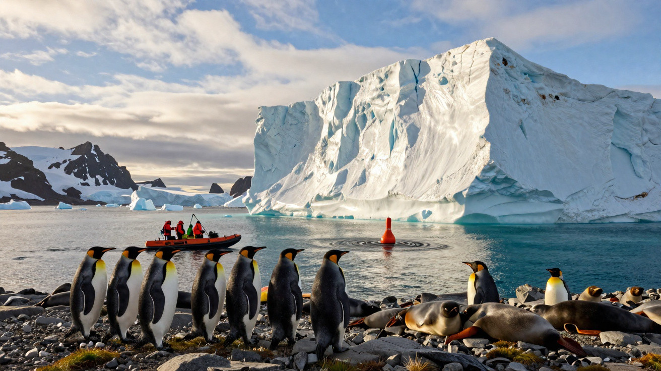 Pinguins e lobos-marinhos em costa rochosa com grande icebergue e bote com pessoas ao fundo.