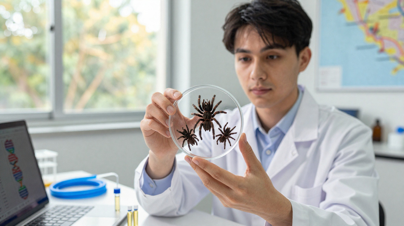 Cientista segurando placa de Petri com aranhas grandes em laboratório moderno iluminado pela janela.