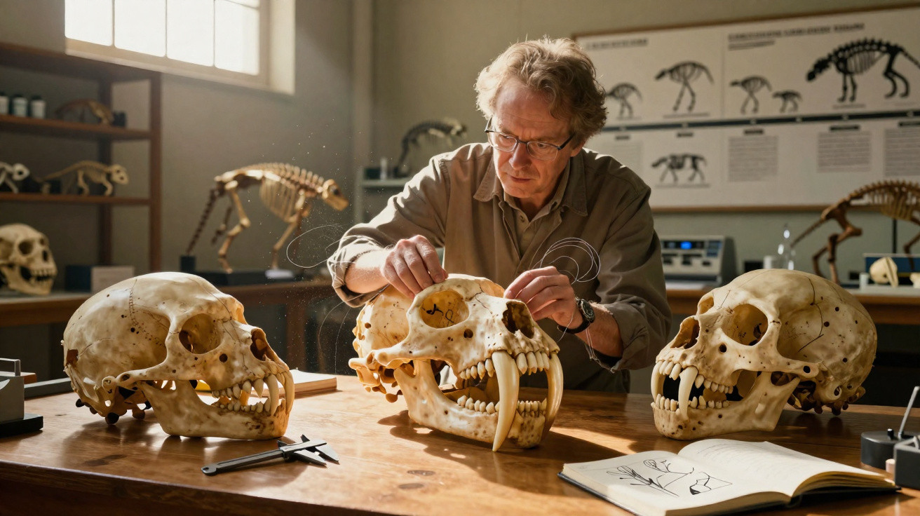 Homem estudando crânios grandes de animais pré-históricos em laboratório com esqueletos e desenhos ao fundo.