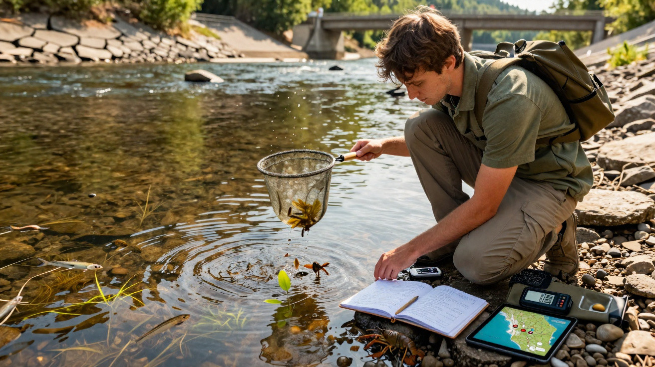 Jovem cientista coleta amostras de rio com rede, registrando dados em caderno e tablet à margem do rio.