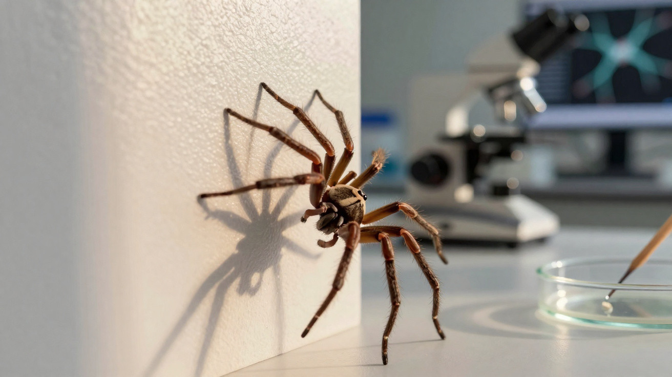 Aranha grande marrom em superfície branca com sombra, ao lado de microscópio e placa de Petri.