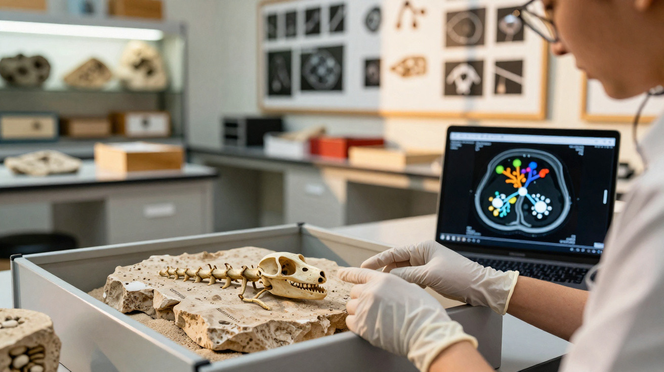 Pesquisador com luvas examina fóssil de esqueleto animal em laboratório com análise digital ao fundo.