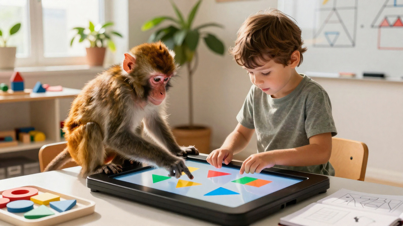 Menino e macaco interagindo com touchscreen exibindo formas geométricas coloridas em sala iluminada.