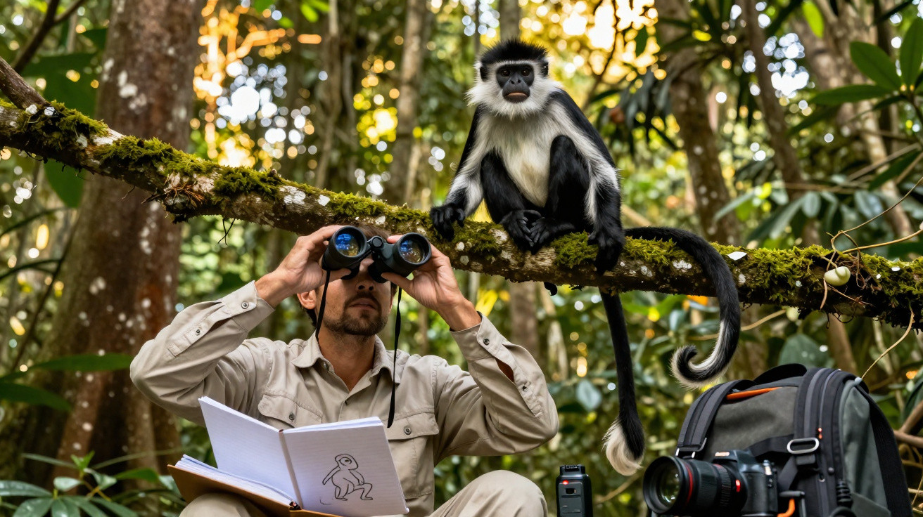 Pesquisador observa pela floresta com binóculos enquanto um macaco preto e branco está pousado em um galho próximo.