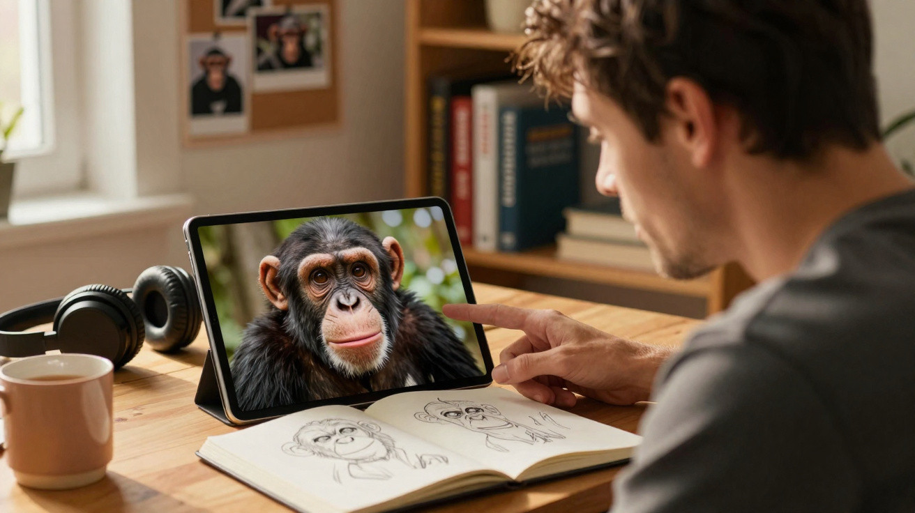 Homem desenha macaco em caderno enquanto observa imagem do animal em tablet sobre mesa de madeira.
