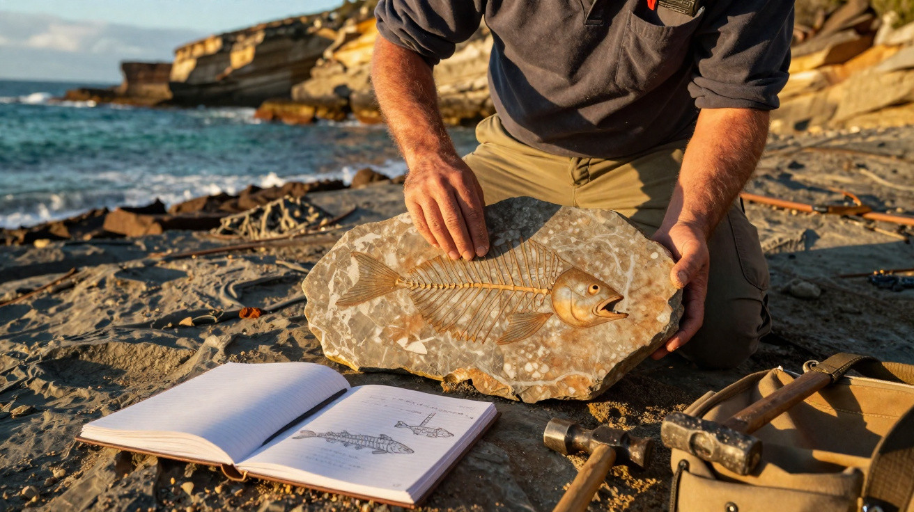 Pessoa mostra fóssil de peixe esqueleto em pedra na praia, com ferramentas e caderno de desenhos ao lado.