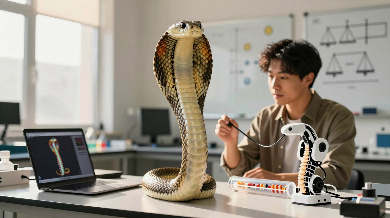 Jovem estudando com cobra-cobra real e modelo robótico de cobra em mesa de laboratório científico.