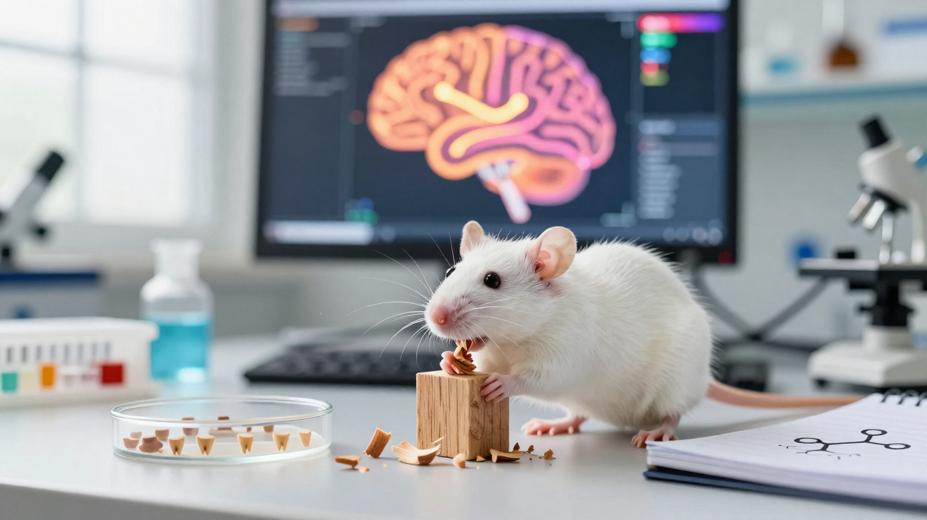 Rato branco em laboratório com pedaços de madeira e imagem cerebral em tela ao fundo.