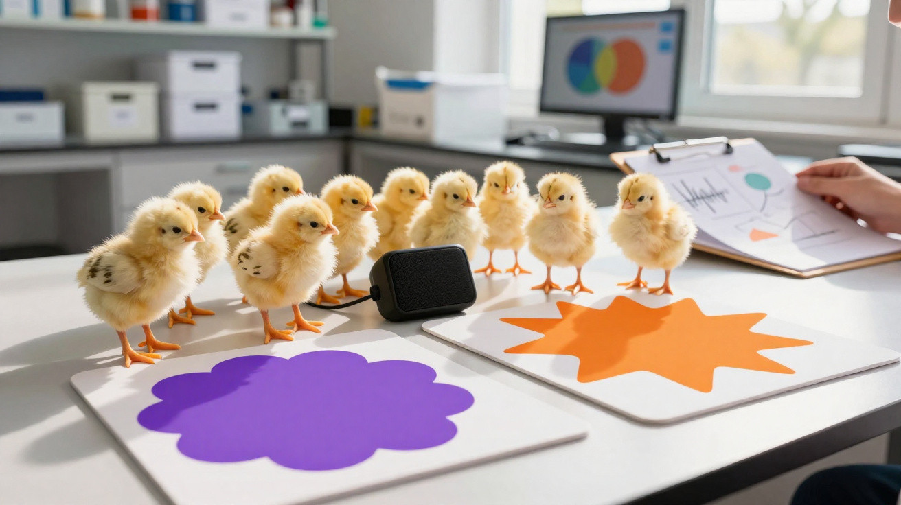 Filhotes de galinha olhando para formas coloridas sobre mesa em ambiente de laboratório.