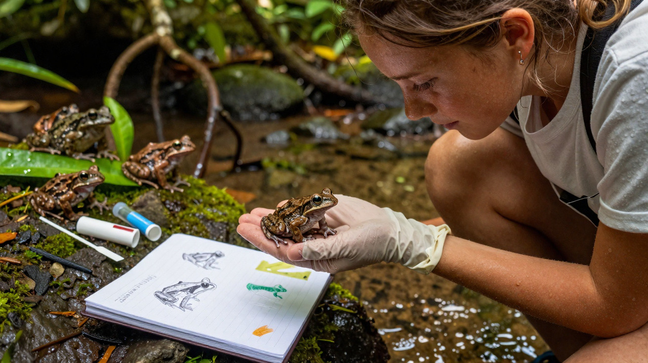 Pesquisadora observa sapo na mão com luva em ambiente de floresta e anotações de anfíbios em caderno.