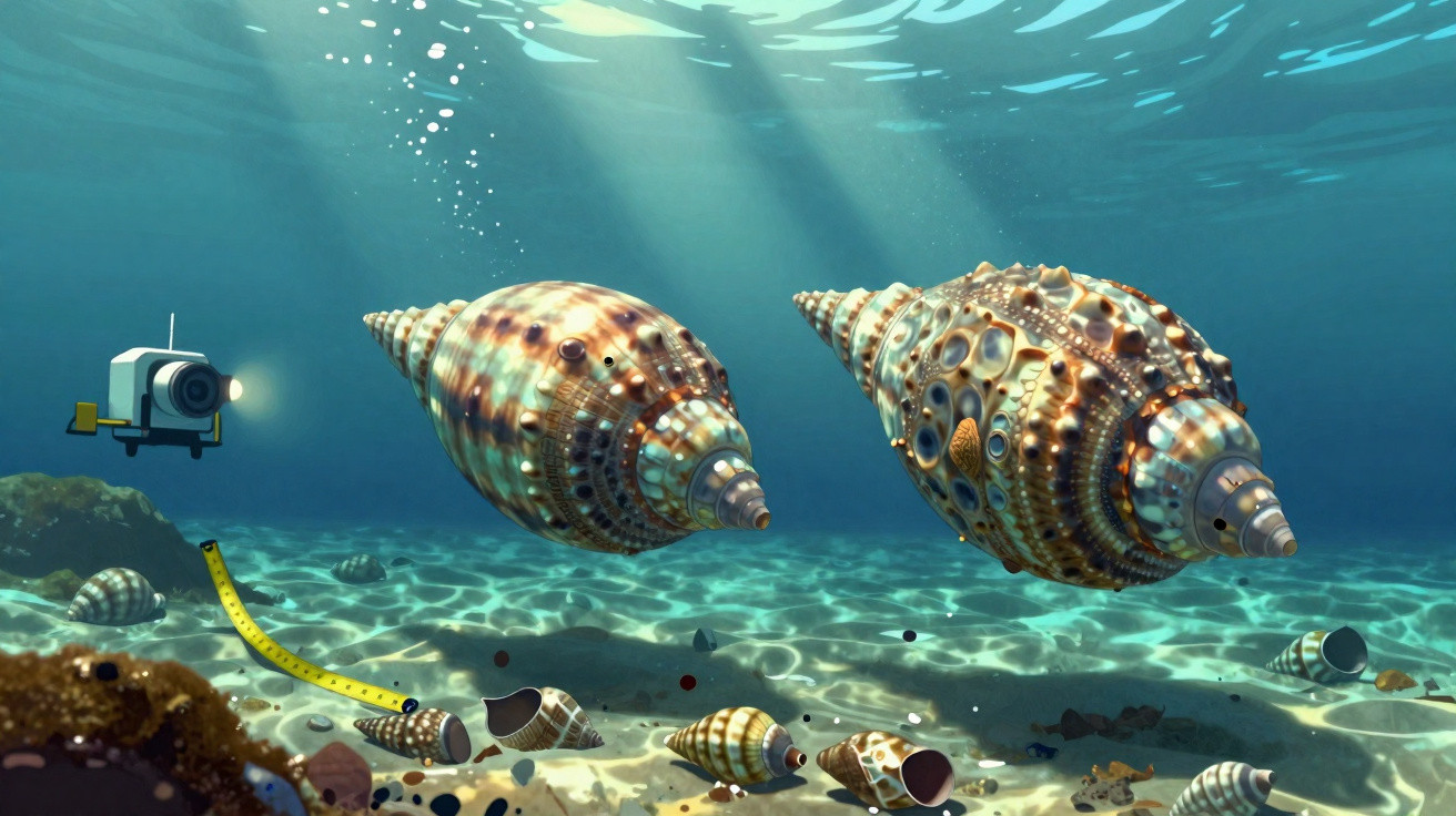 Robo subaquático observa conchas grandes e pequenas no fundo do mar com luz solar filtrada.