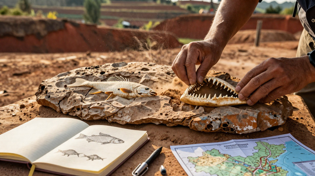 Mãos montam mandíbula de fóssil de peixe em mesa com livro de ilustrações e mapa ao lado.
