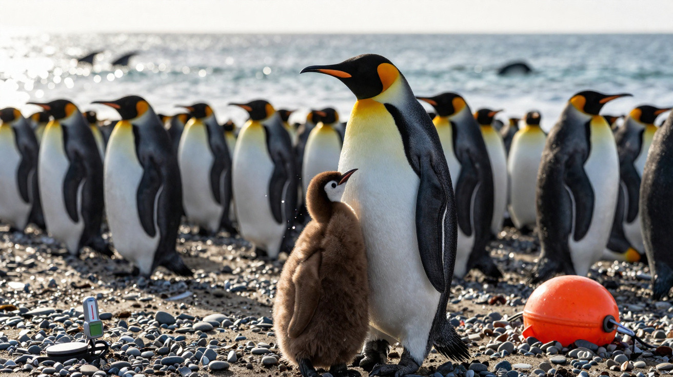 Colônia de pinguins imperadores na praia com filhote marrom ao lado de adulto e bóia laranja na areia.