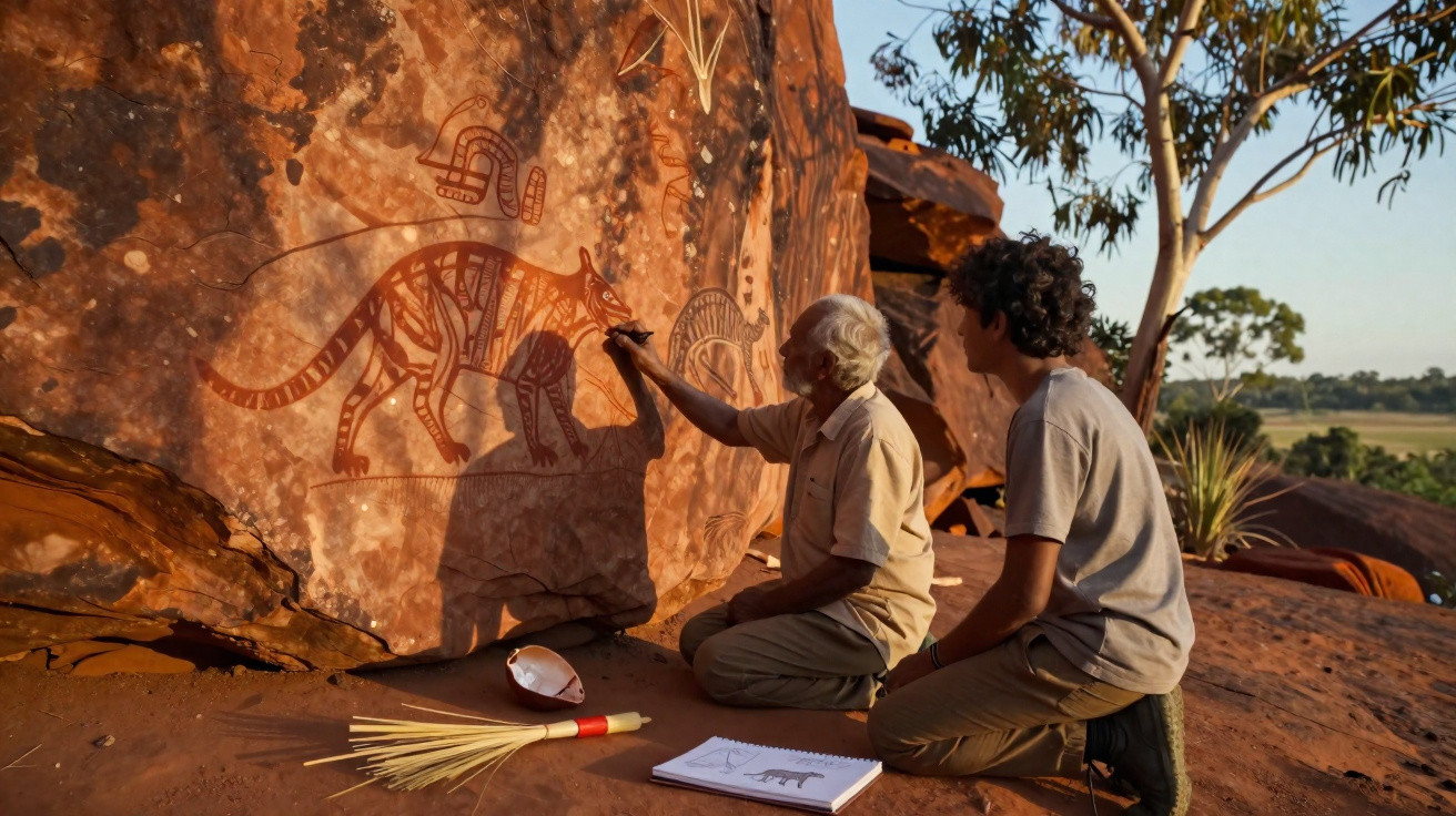 Dois homens sentados no chão, um pintando arte rupestre de animal em pedra vermelha, outro observando, ao ar livre.