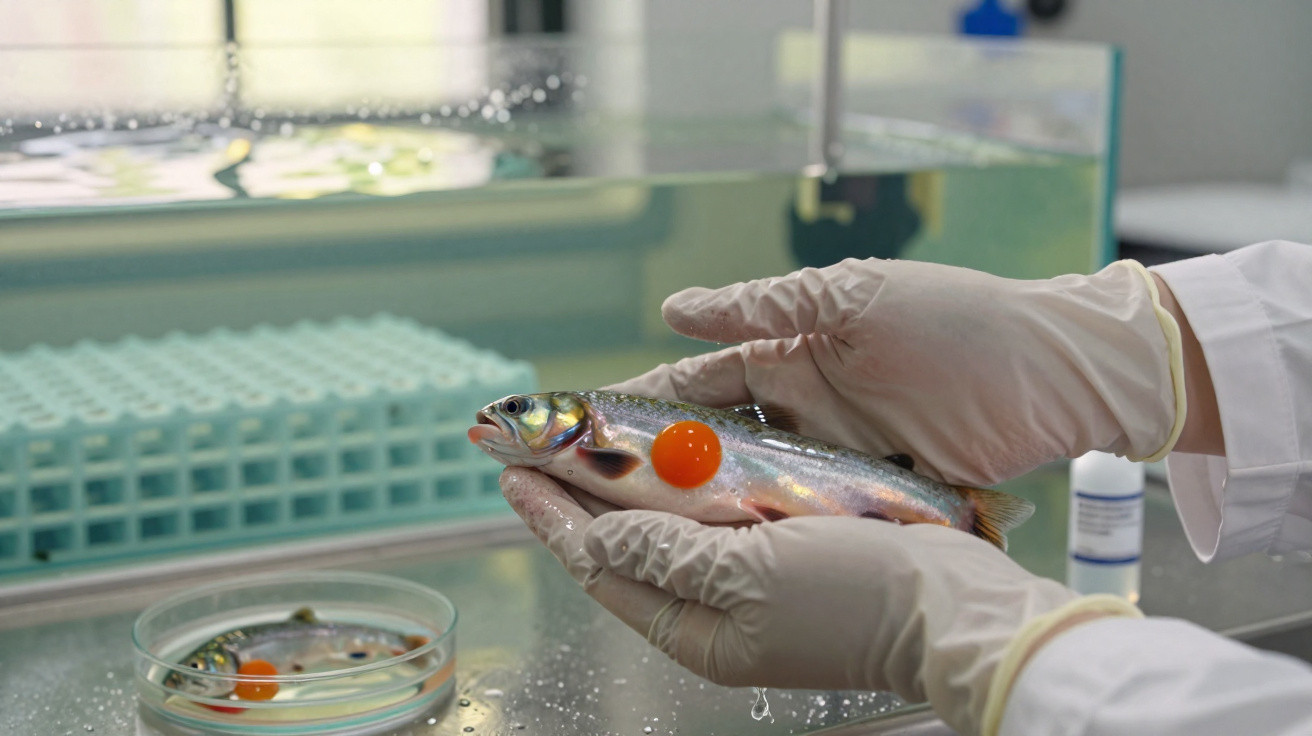 Peixe prateado com mancha laranja sendo segurado por mãos com luvas em laboratório aquático.