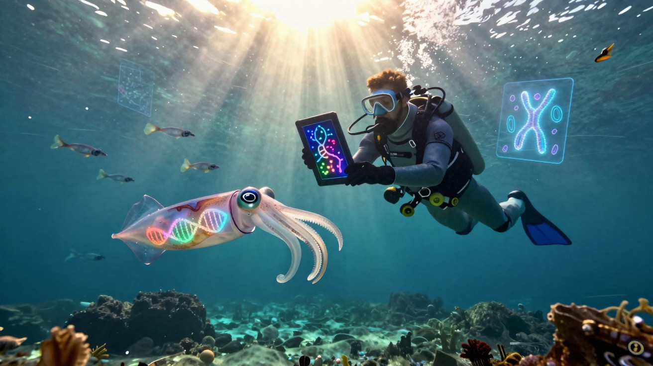 Mergulhador interage com lula holográfica mostrando DNA colorido no fundo do oceano iluminado pelo sol.