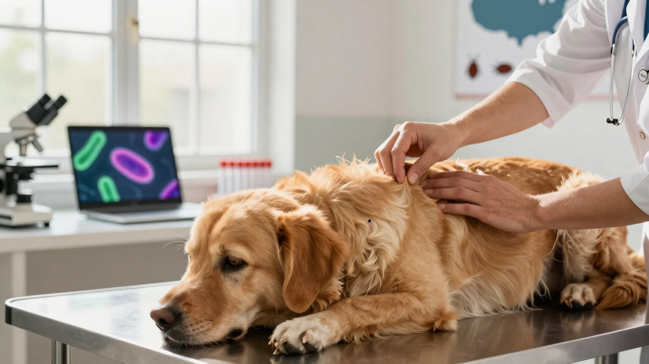 Veterinário examinando cachorro dourado deitado em mesa clínica em consultório iluminado.