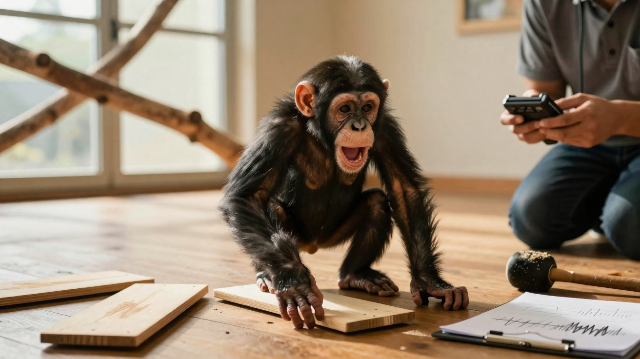 Filhote de chimpanzé brincando com pedaços de madeira em ambiente interno, ao lado de pessoa com controle remoto.