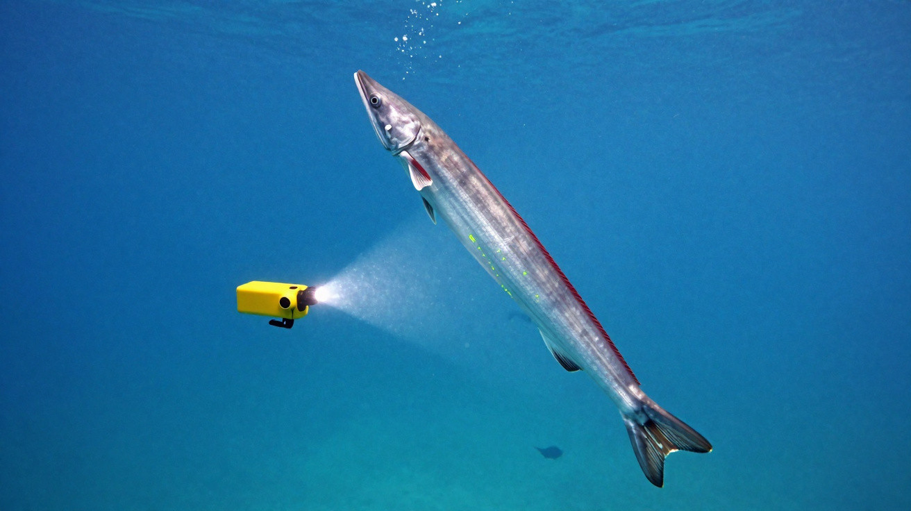 Peixe comprido nadando próximo a pequeno robô amarelo subaquático com luz acesa.