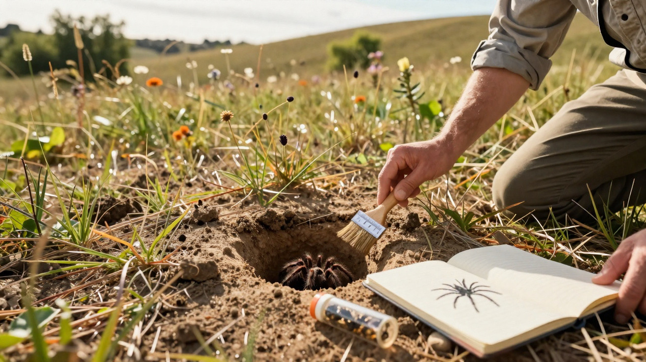 Pessoa escova terra em buraco para observar aranha tarântula com auxílio de livro ilustrado e recipiente no campo.