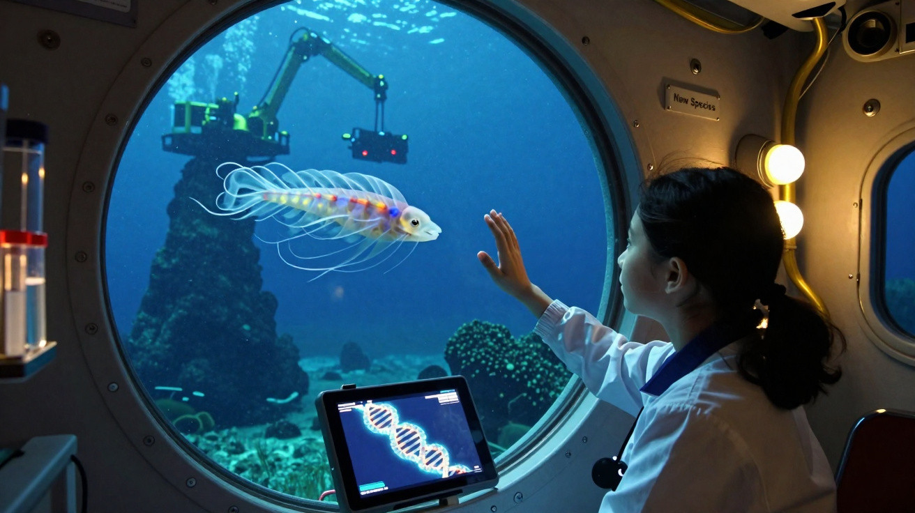 Cientista em submarino observa peixe bioluminescente e equipamento enquanto estuda DNA marinho.