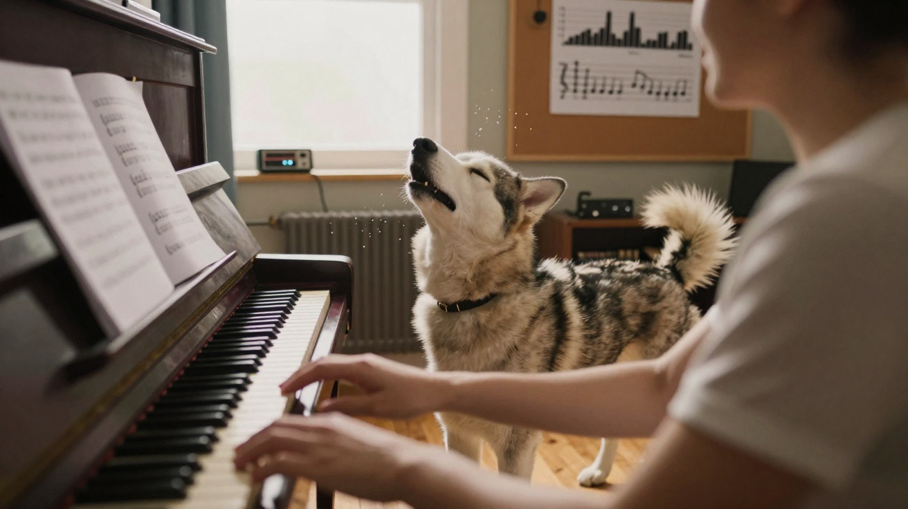 Pessoa toca piano enquanto cachorro de pelagem cinza e branca canta ao lado em ambiente interno.