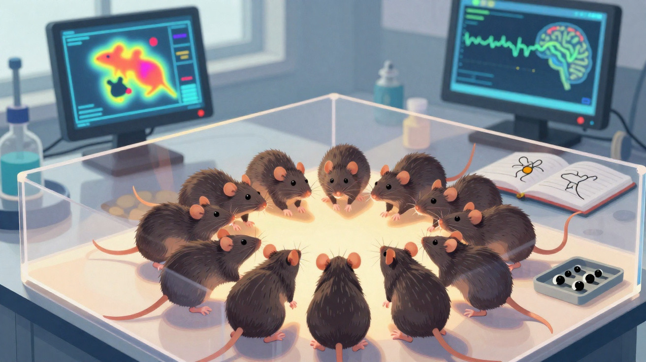 Doze ratos reunidos em círculo dentro de um laboratório com monitores exibindo dados científicos.