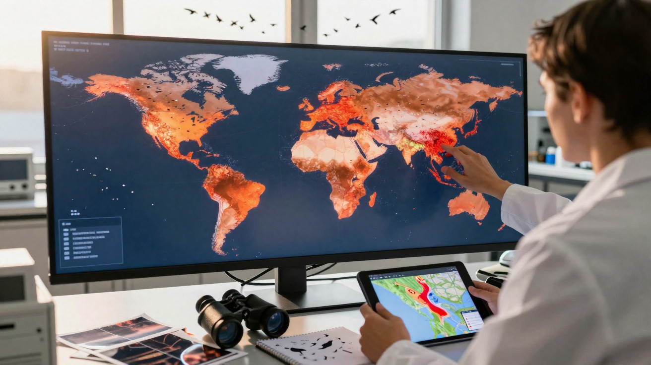Pessoa analisando mapa de calor do mundo em monitor enquanto segura tablet com mapa climático.