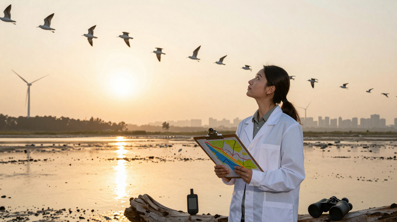 Mulher cientista observa pássaros voando ao pôr do sol em área alagada urbana com binóculos e mapa na mão.
