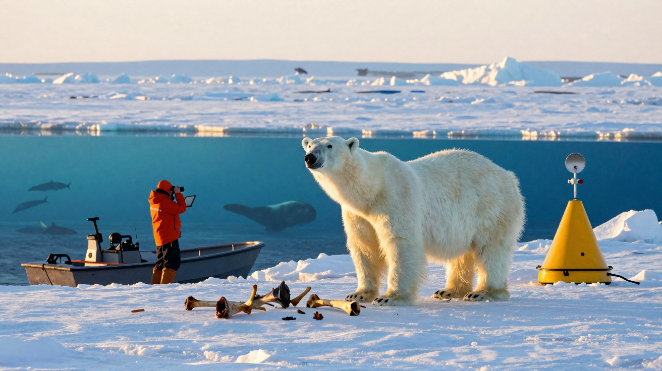 Urso polar em gelo ao lado de bóia amarela e fotógrafo em barco, com vida marinha visível na água.